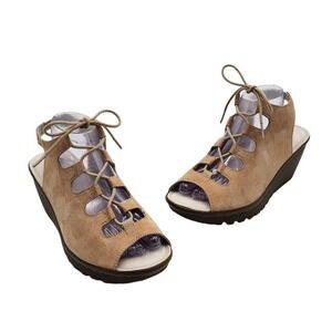 Skechers Parallel Wedge Sandal Tan Brown Suede Platform Lace Up Open Toe…